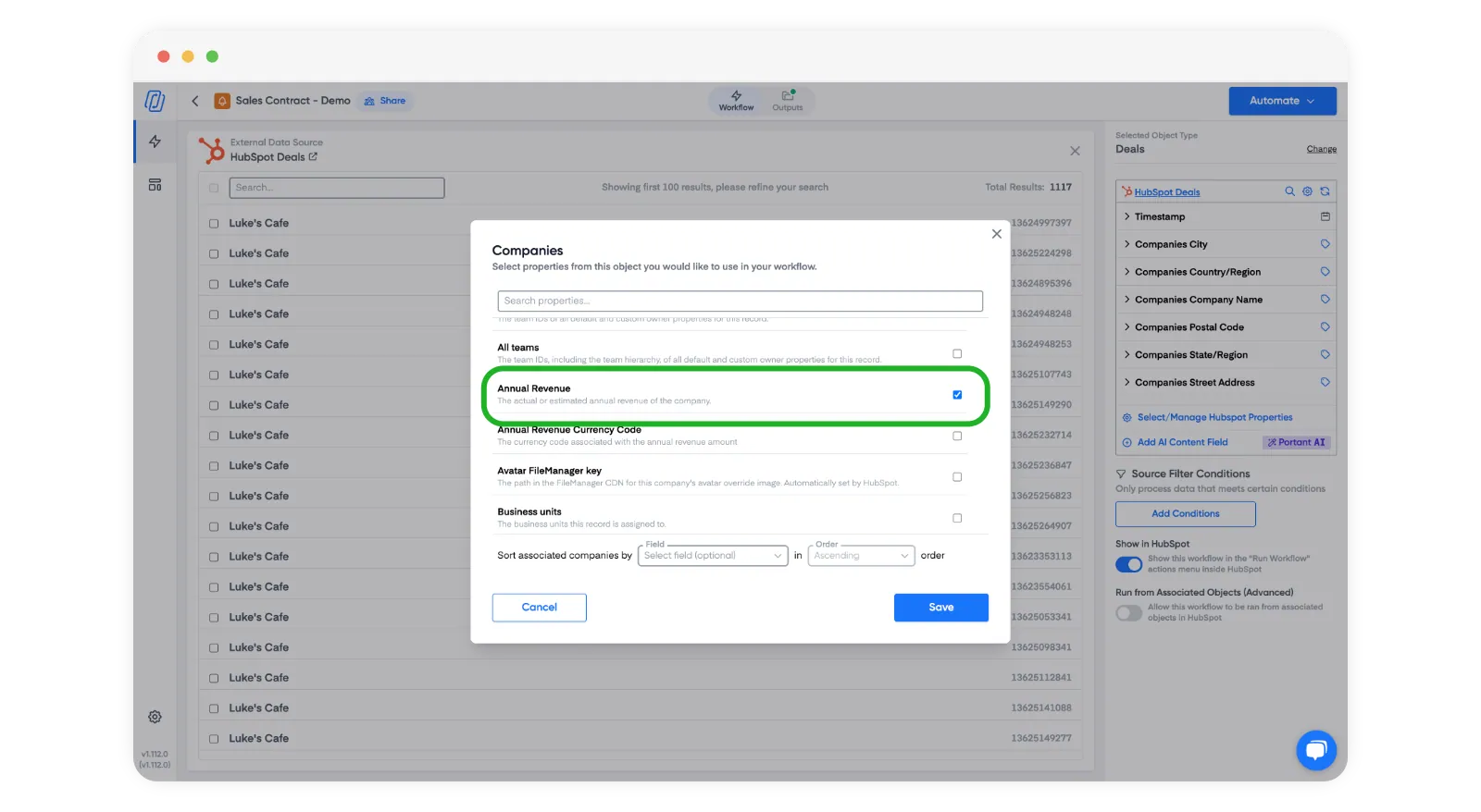 Portant property selector showing the HubSpot Companies object with a searchable list of fields, with Annual Revenue selected, demonstrating how to pick exactly which HubSpot properties an invoice template can use