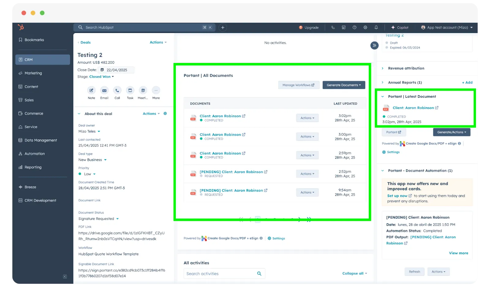 HubSpot deal record for a closed-won deal showing the Portant All Documents card listing five completed and pending client invoices, with the Portant Latest Document panel pinned to the right rail of the deal