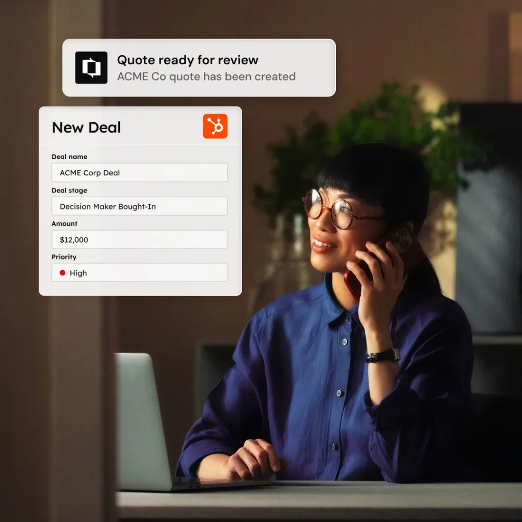 Sales rep on a call with a new deal card open in HubSpot