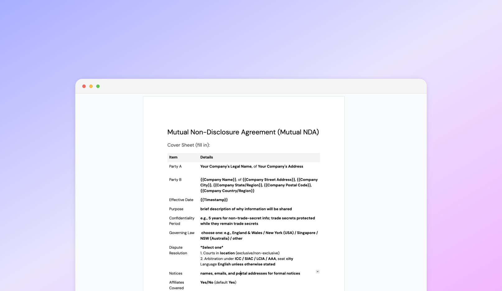 Non Disclosure Agreement NDA Template, template in Portant