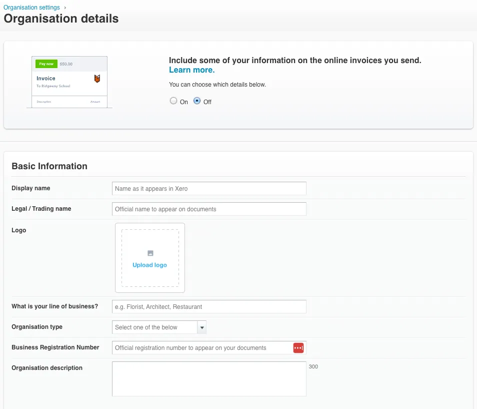 Organisation details screen in Xero where users can upload their business logo, enter company name, registration number, and branding info to personalize invoice appearance.