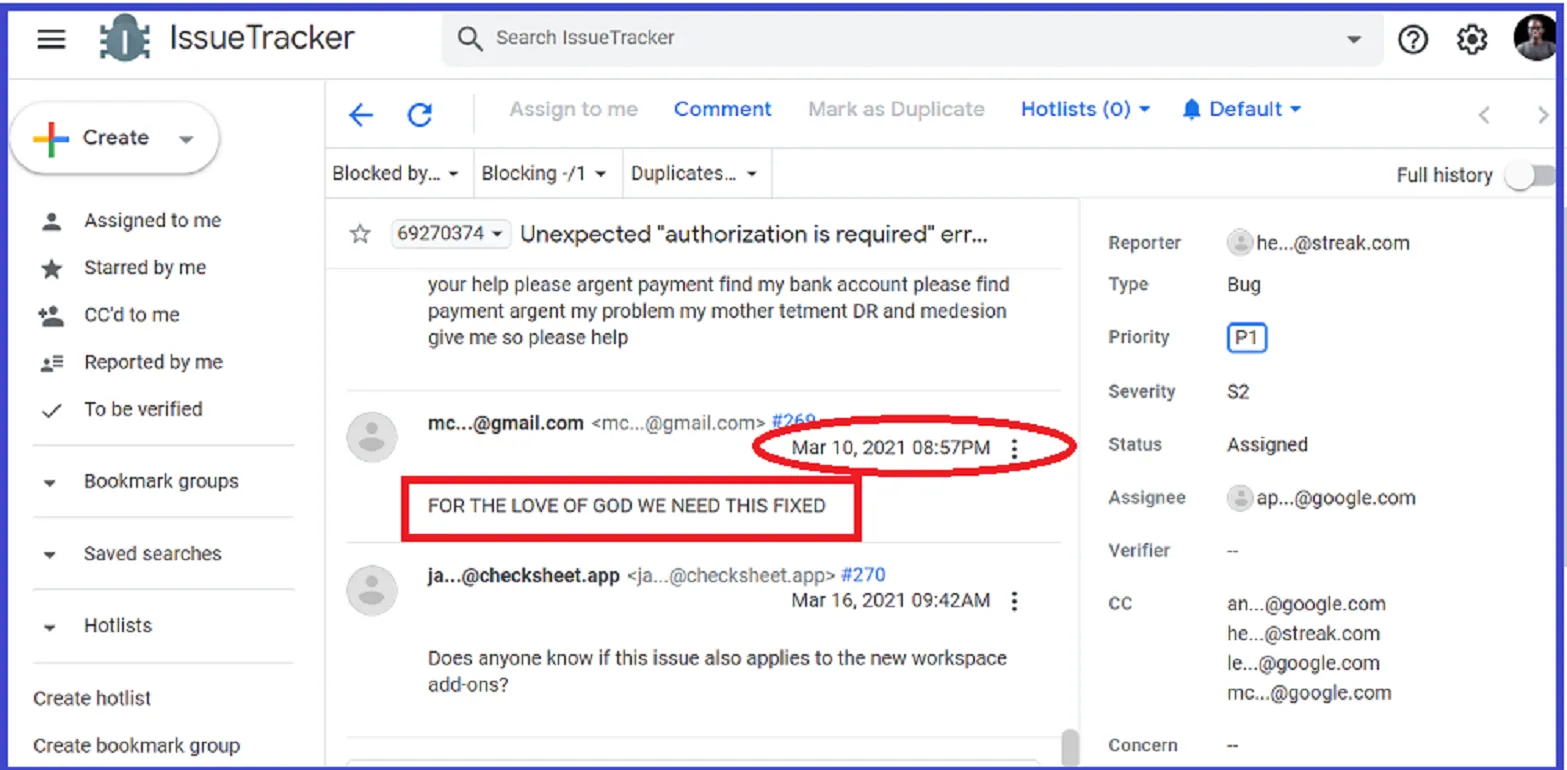 A screenshot of an issue inside Google IssueTracker waiting to be fixed