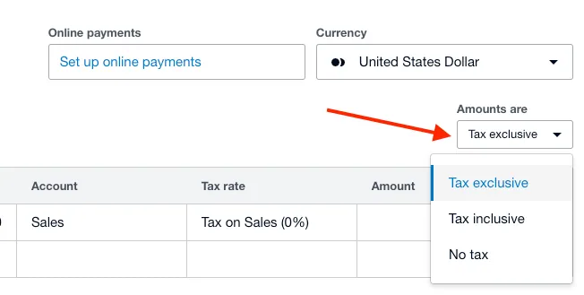 Xero invoice settings highlighting the "Amounts are" dropdown to choose between Tax Exclusive, Tax Inclusive, or No Tax options when applying sales tax to your invoice.
