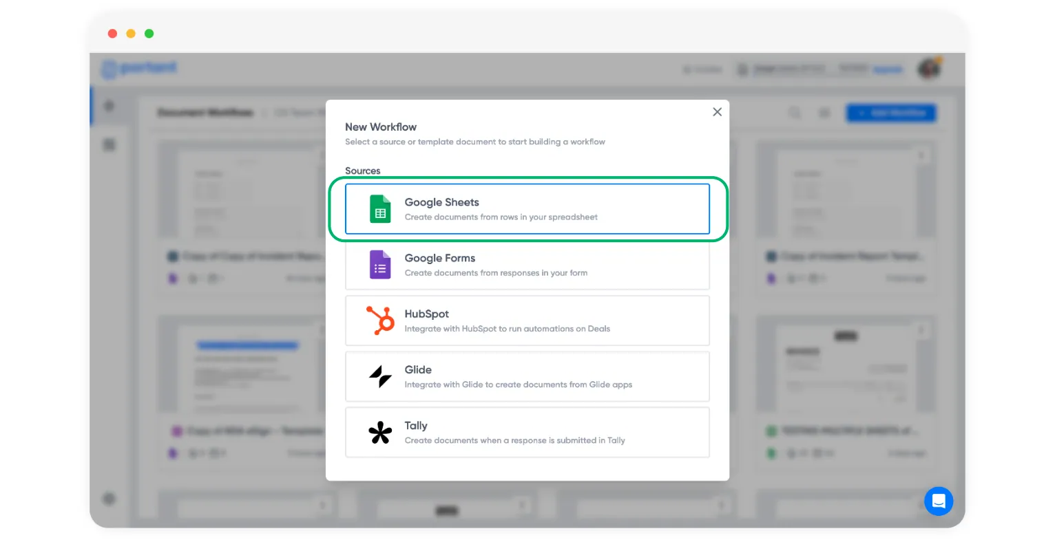 Screenshot of Portant New Workflow dialog listing sources with Google Sheets highlighted, plus Forms, HubSpot, Glide and Tally