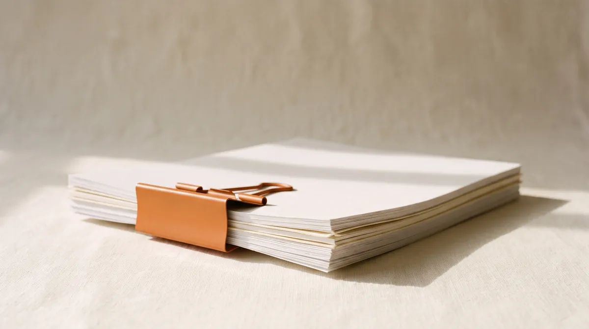 A thick stack of white and cream documents on a linen surface, held together by a single orange binder clip