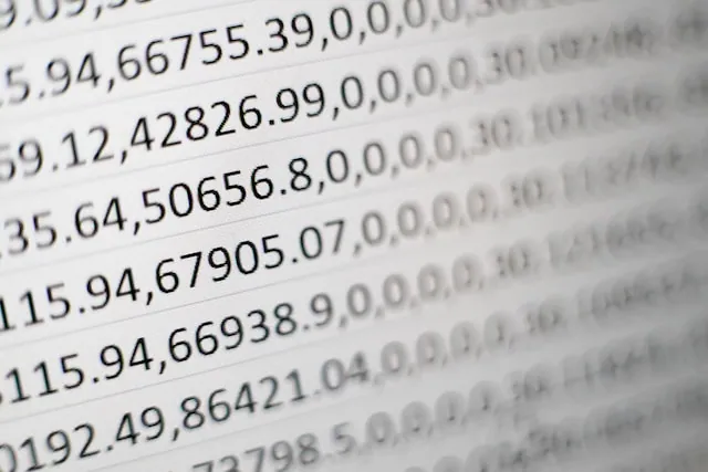 Close-up of numerical data on a spreadsheet, representing financial calculations used in progress invoicing and payment tracking.
