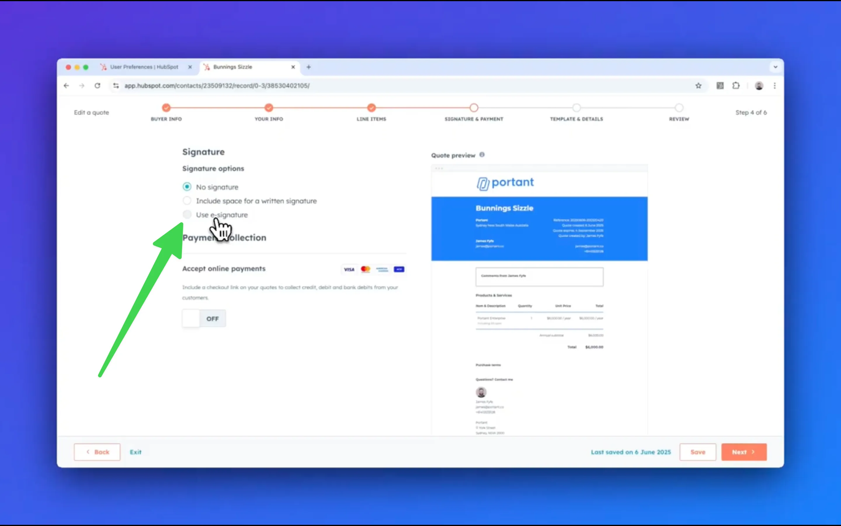 HubSpot create quote screen showing line items, discounts, and e-signature options on a deal record