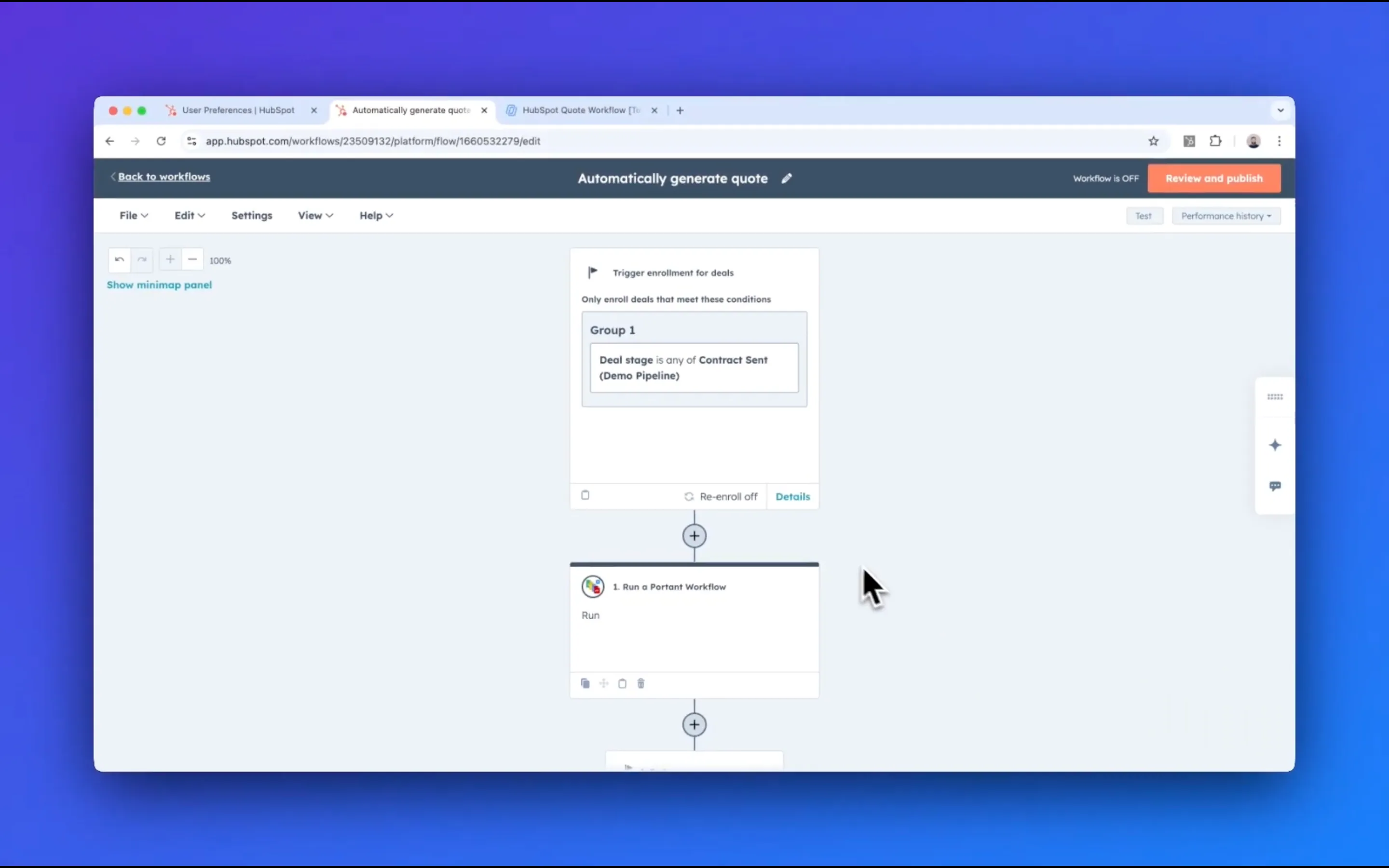 HubSpot workflow editor with a Portant action triggered when a deal stage changes to Contract Sent