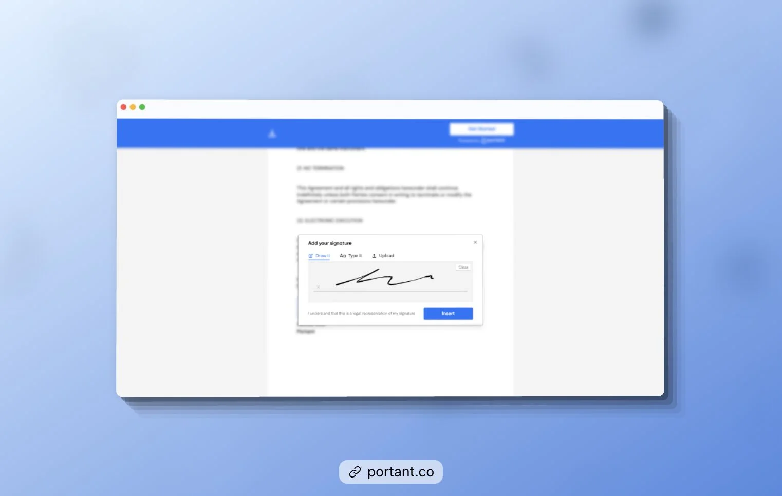 Portant's e-signature functionality shown on the platform, with a digital signature being added to a contract.