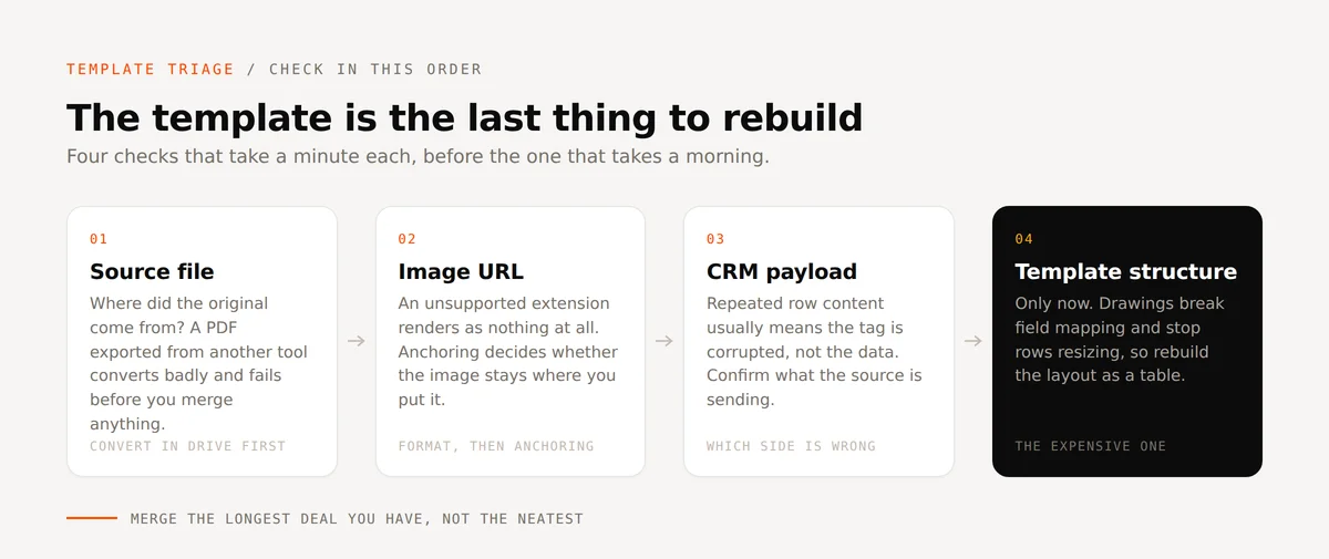 Four checks in order before rebuilding a template: source file, image URL, CRM payload, then template structure.