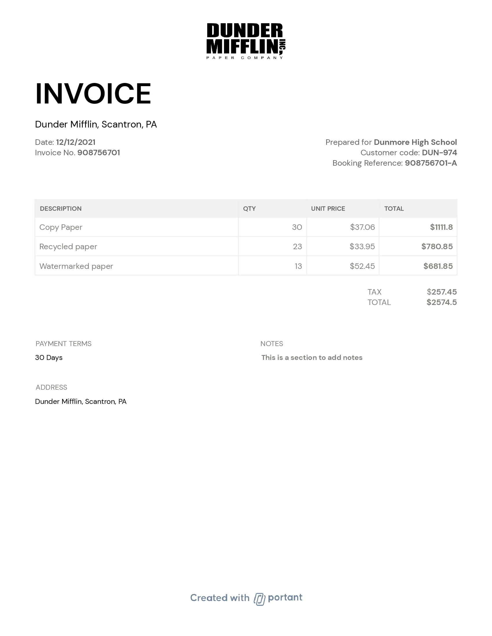 Educational invoice template example showing standard layout with logo, line items, and payment terms