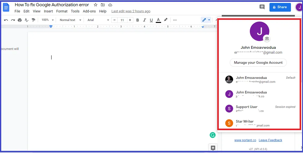 A screenshot of Google accounts inside Google Docs