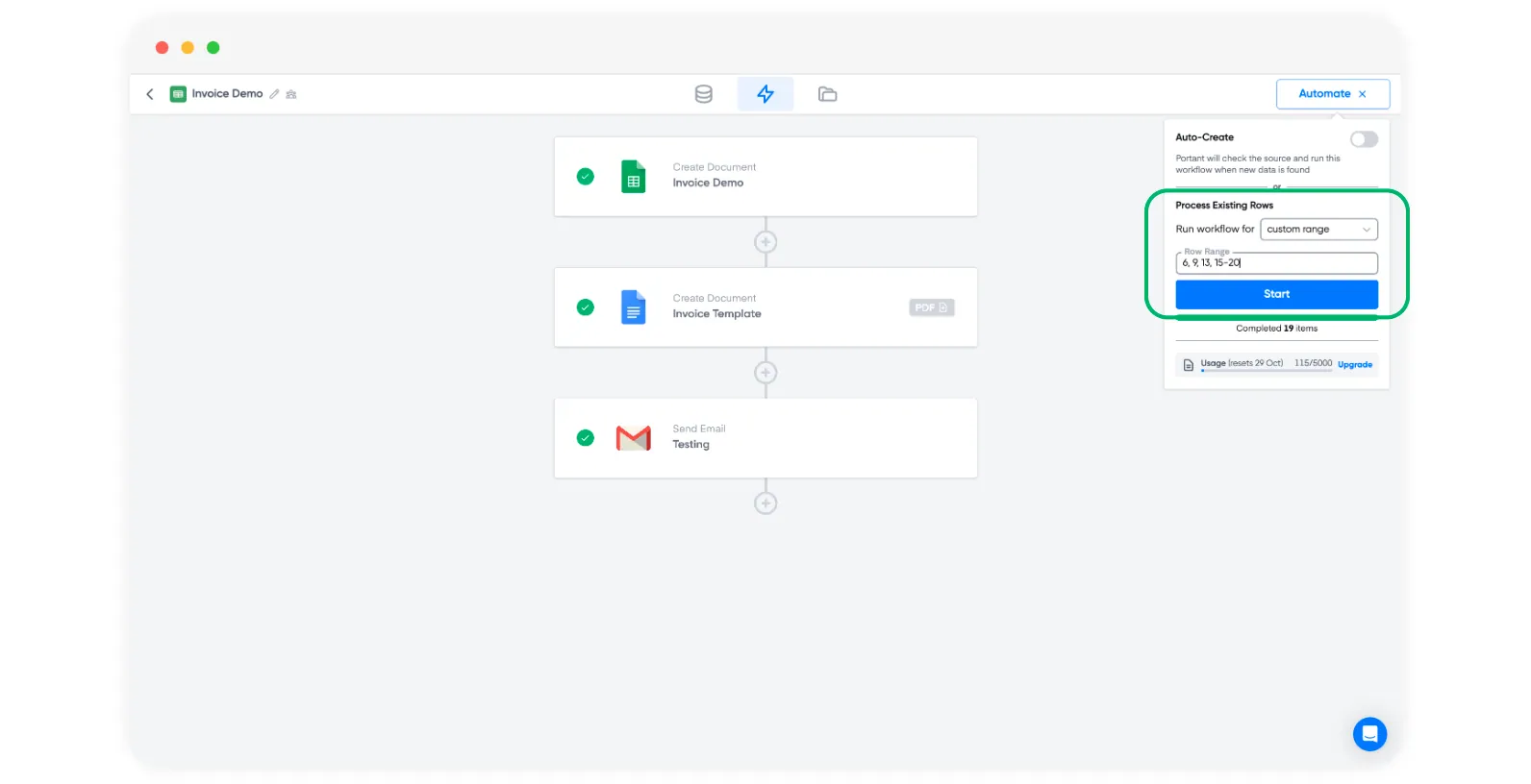 Screenshot of Portant invoice workflow with Process Existing Rows set to a custom row range before clicking Start