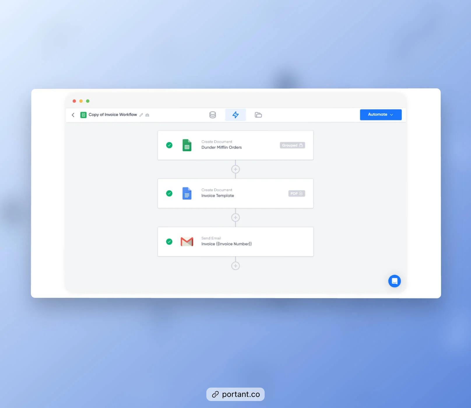 Automation workflow showing integration with email to send invoices, with steps to create and send invoice documents.