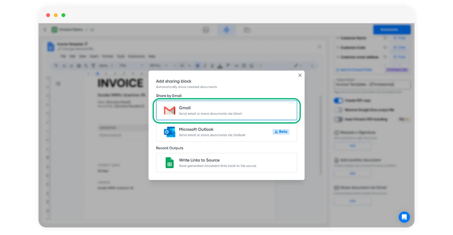 Screenshot of Portant Add sharing block dialog with Gmail highlighted, alongside Outlook and Write Links to Source options