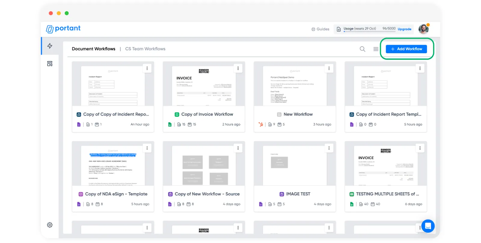 Screenshot of Portant Document Workflows dashboard showing invoice and report workflow tiles with Add Workflow button highlighted