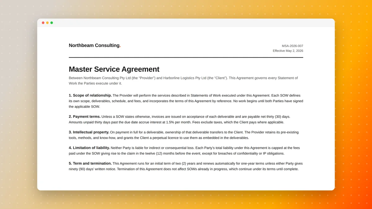 A master service agreement in a document preview window, showing the scope of relationship, payment terms, intellectual property, limitation of liability, and term and termination clauses