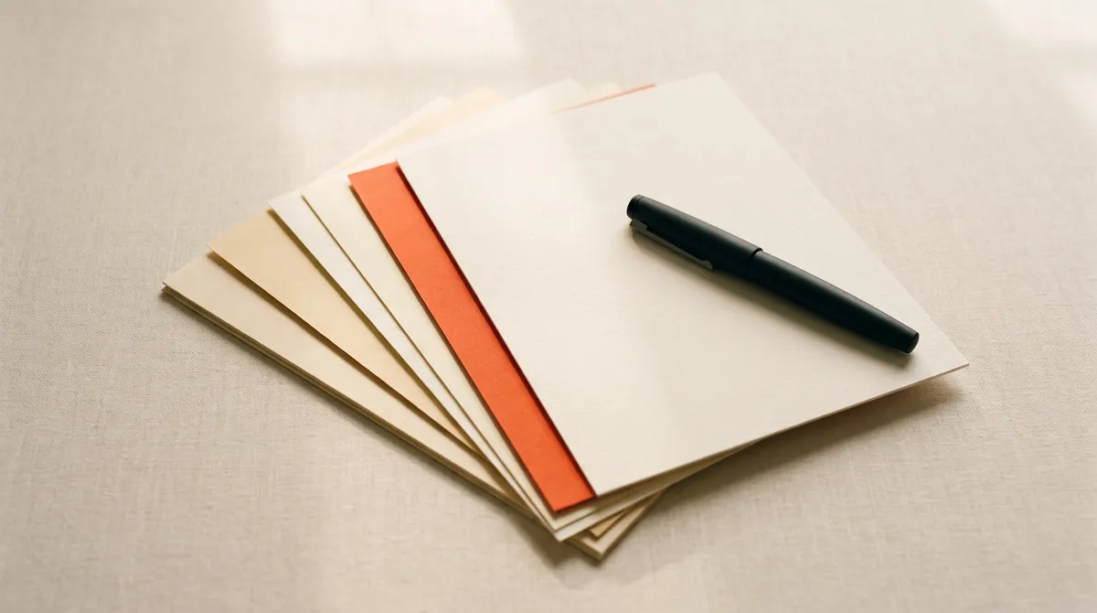 A fanned stack of cream and parchment paper sheets with one bright orange sheet and a black fountain pen resting on top