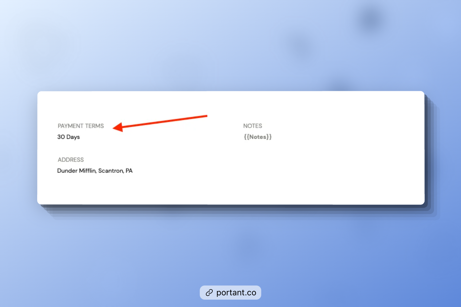 Red arrow pointing to 30 Days payment terms on a web design invoice template showing notes and address fields
