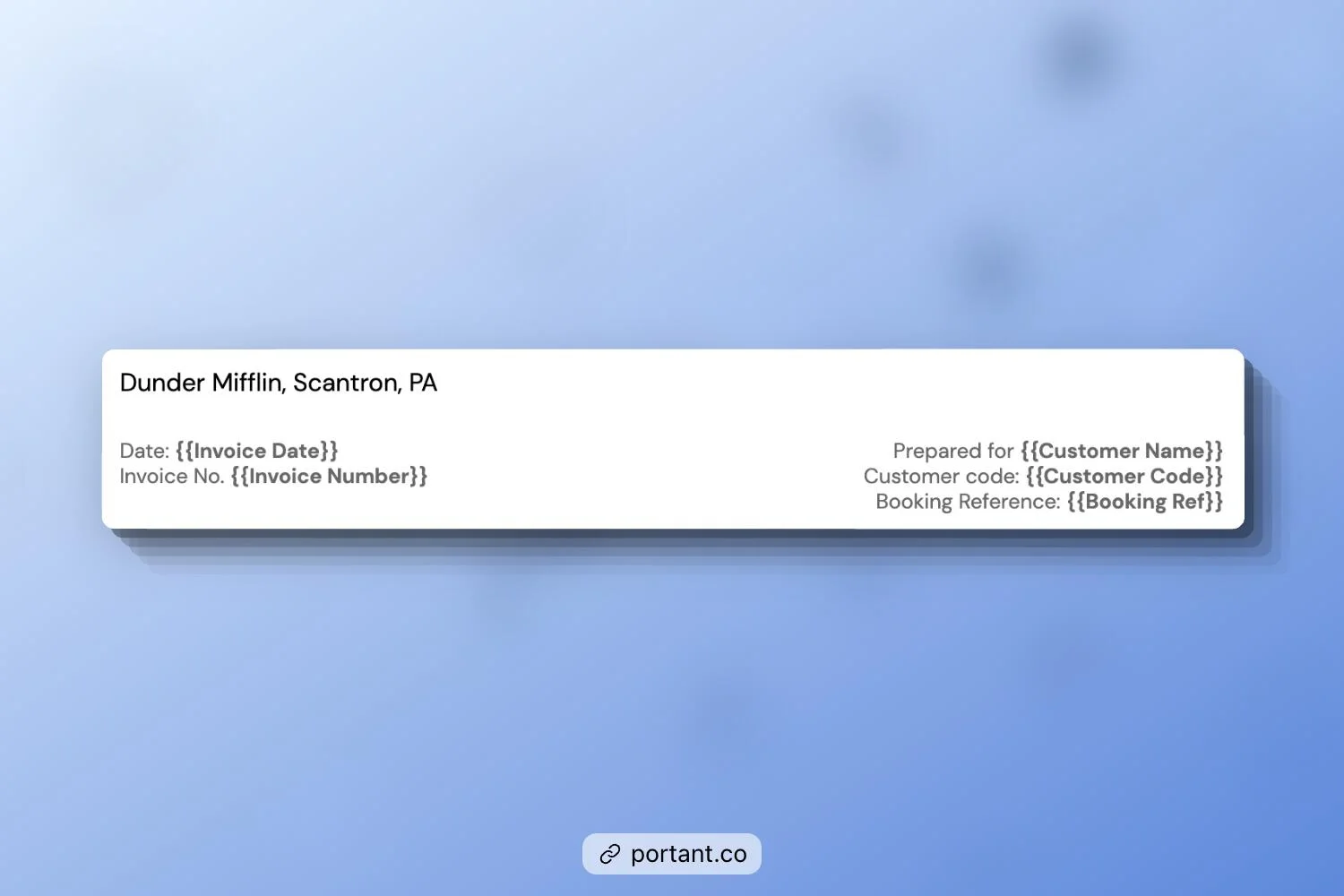 Close-up of business and client information fields in Portant’s free consulting invoice template, showing editable placeholders for invoice date, number, customer name, code, and booking reference