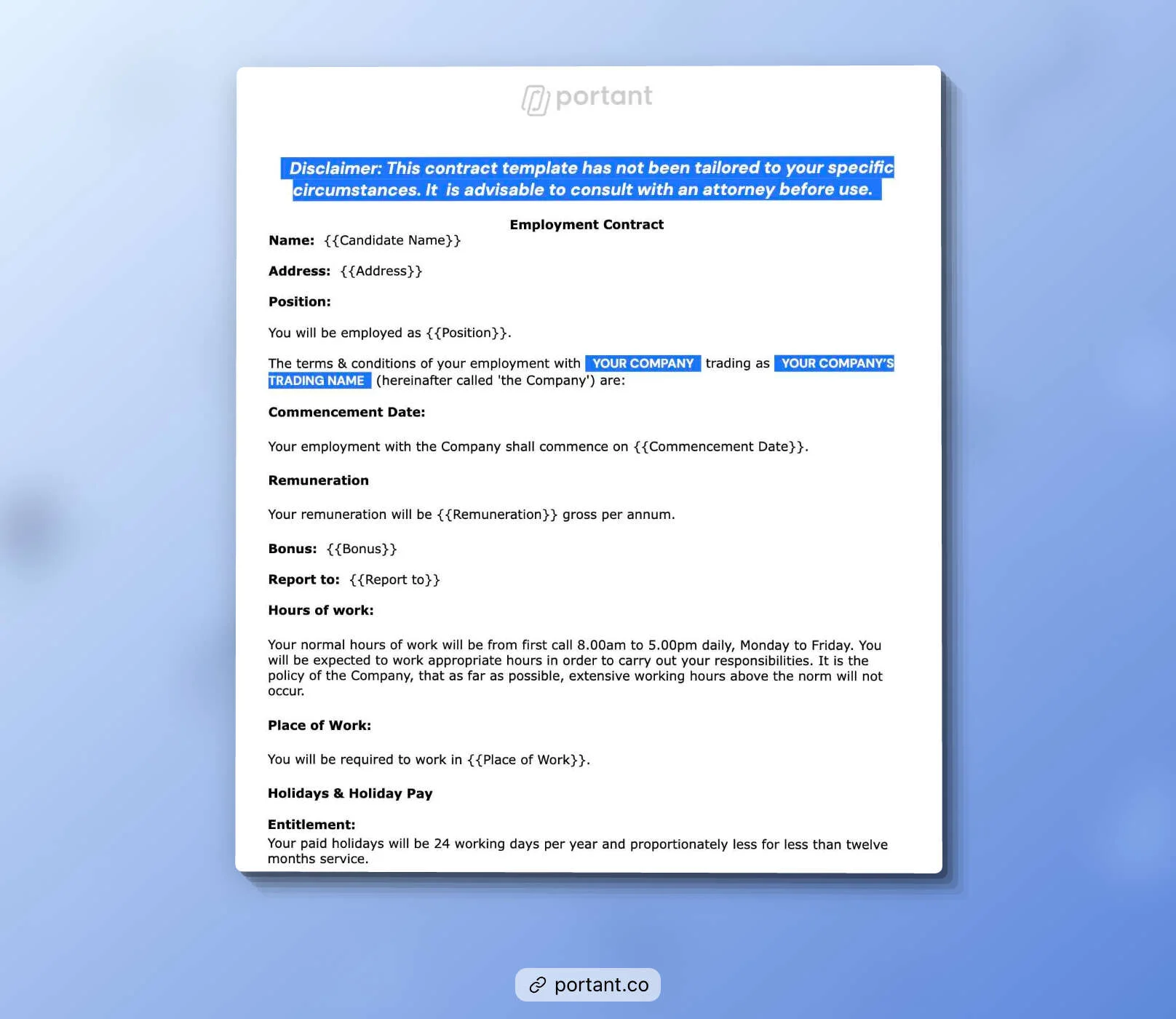 Portant's Employment Contract Template, featuring sections such as candidate name, position, remuneration, and working hours