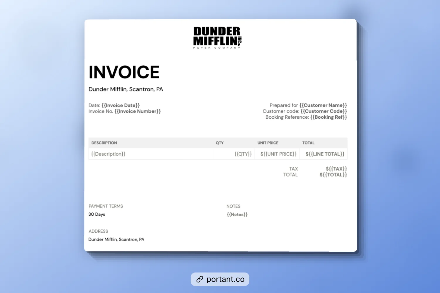 Portant's consulting invoice template featuring editable fields for invoice date, client name, item descriptions, quantities, unit prices, and totals