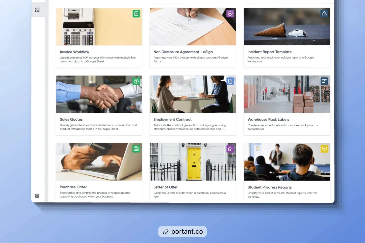 Portant's library of customizable business templates for automation, including invoice workflows, NDAs, purchase orders, sales quotes, employment contracts, and more