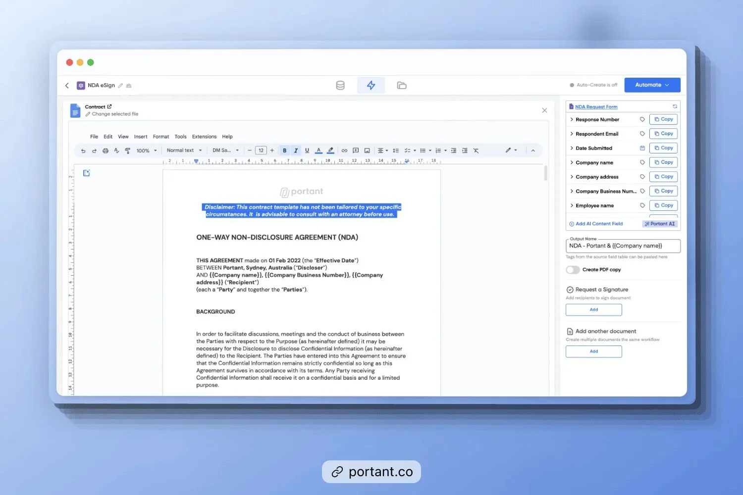Portant's one-way non-disclosure agreement (NDA) template displayed in a document editor with customizable fields, example of a professional NDA contract used to protect confidential business information.
