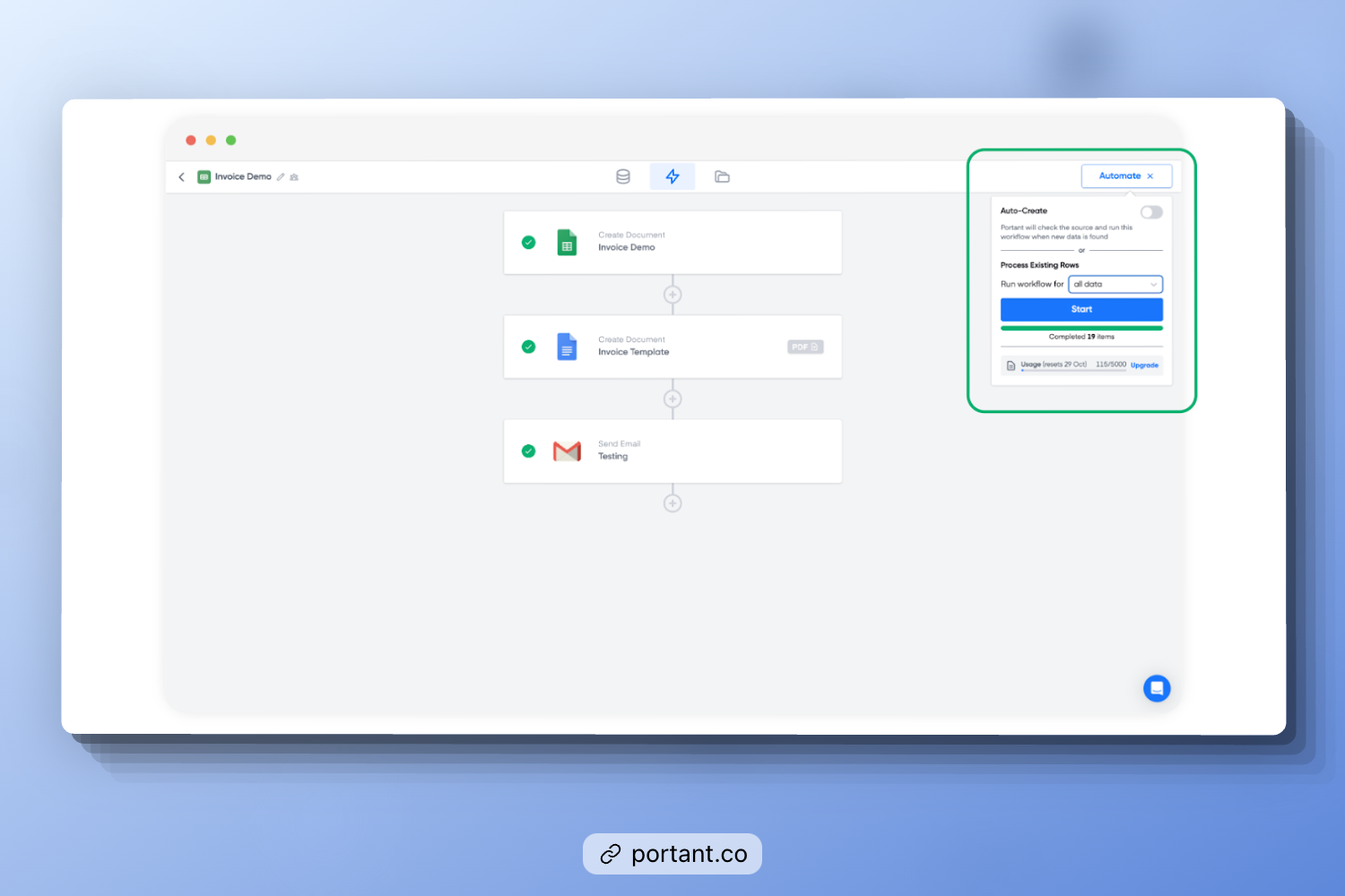 Portant's Invoice Sending Workflow showcasing the automated process of creating and sending invoices. The image highlights steps like creating a document, using an invoice template, and sending emails with the invoice attached.