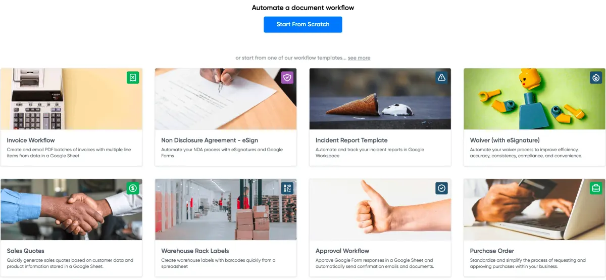 Portant's automation library showcasing various workflow templates including invoice creation, sales quotes, and approval workflows
