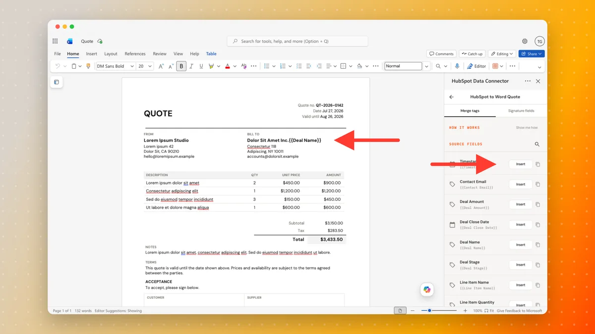 The Portant sidebar in Word with Insert highlighted, and the merge tag it added highlighted in the quote document