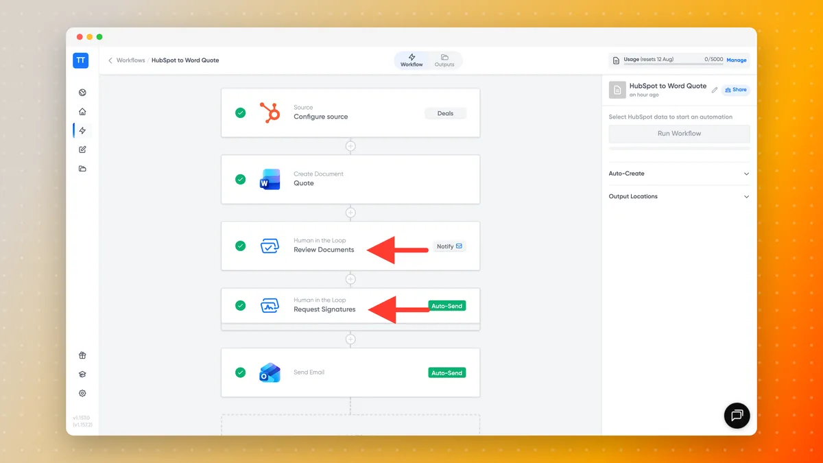 A Portant workflow with an approval step highlighted, followed by Request Signatures and the Outlook send step