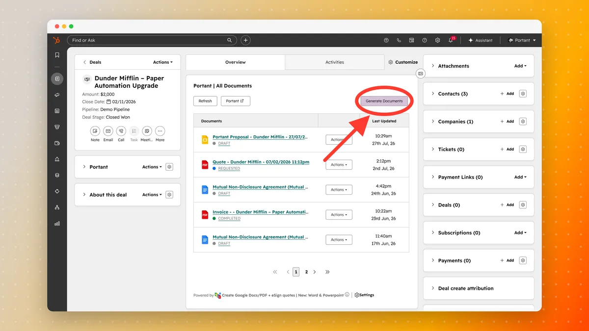 The Portant card on a HubSpot deal listing generated documents and their statuses, with the Generate Documents button highlighted