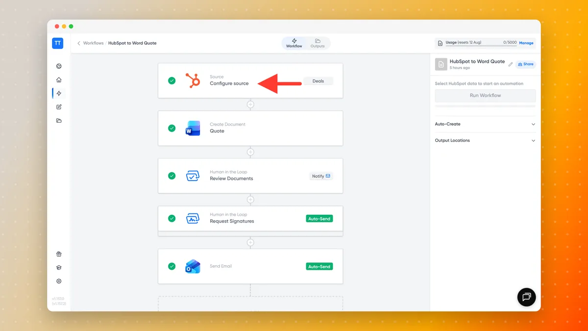 A Portant workflow with its first block, the HubSpot Deals source, highlighted