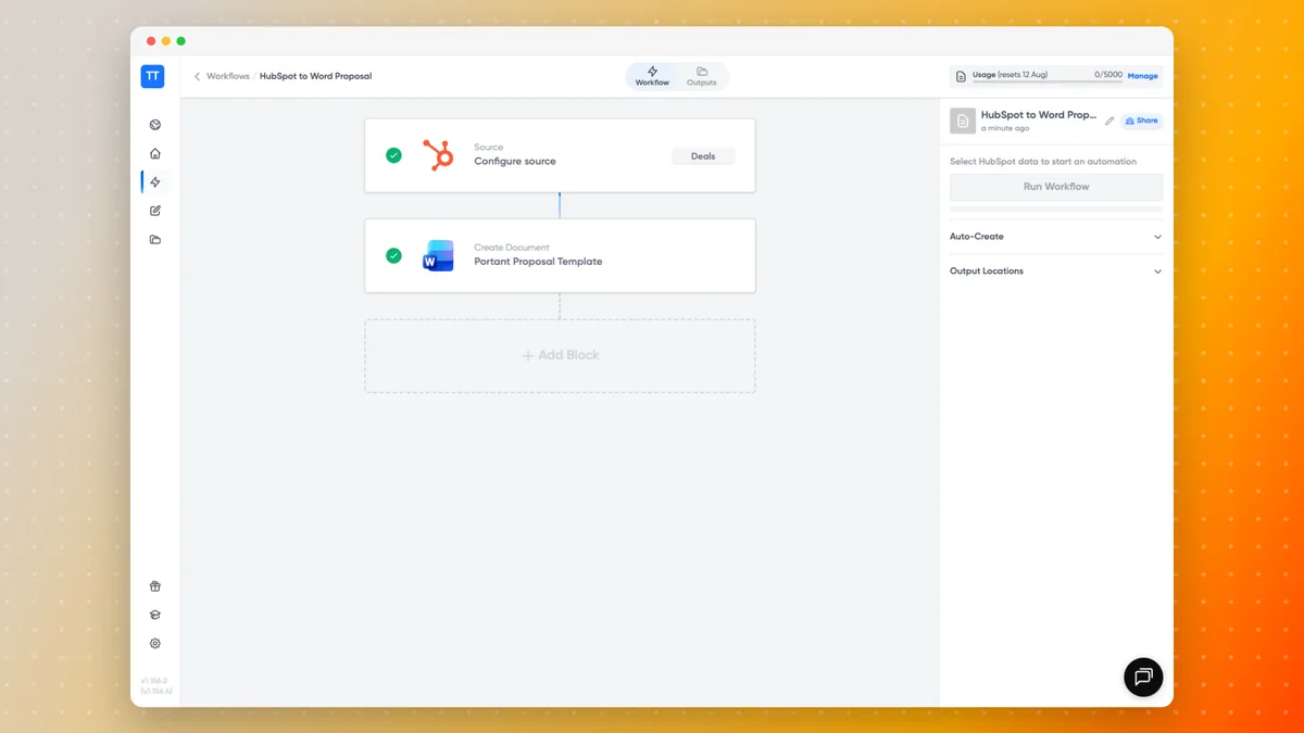 Ein Portant-Workflow mit einer HubSpot-Deals-Quelle, die eine Microsoft-Word-Vorlage speist