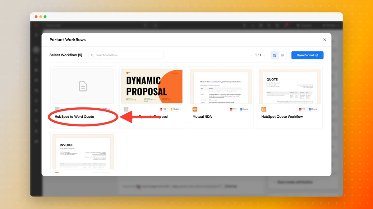 Portant's workflow picker inside HubSpot with the Word quote workflow highlighted