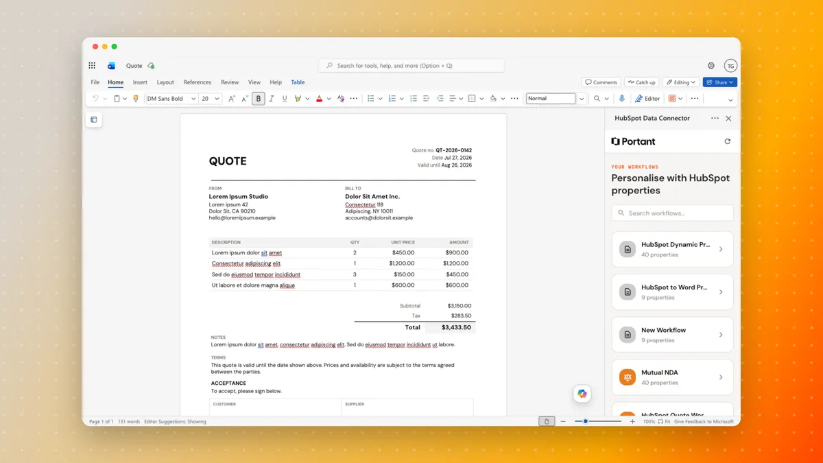 Das Portant-Add-in in Microsoft Word, links eine Angebotsvorlage und in der Seitenleiste die HubSpot-Workflows