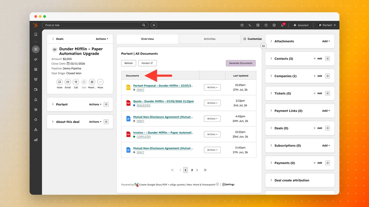 The Portant card on a HubSpot deal listing every generated document with its file type and status, with the documents column highlighted