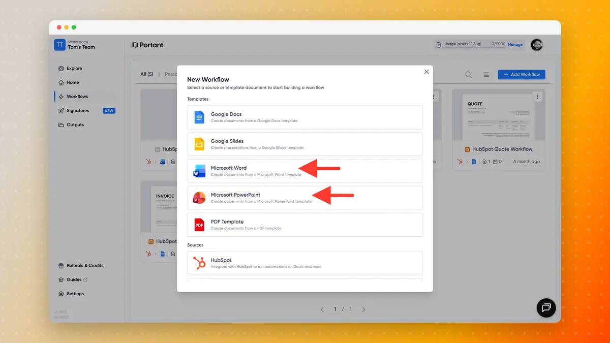 Portant's New Workflow screen with Microsoft Word highlighted alongside PowerPoint, Google Docs and Slides