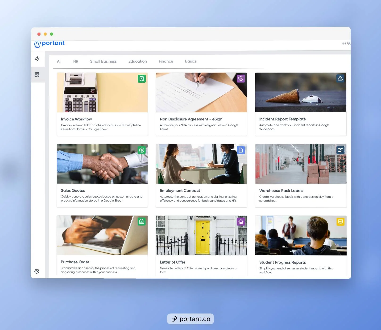 Portant's invoicing and document automation platform for small businesses, featuring tools like invoice workflow, sales quotes, non-disclosure agreements, and employee contracts