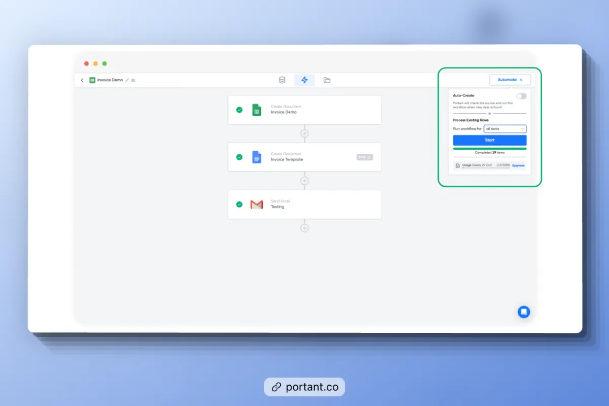 Portant automation dashboard showing a sample invoice workflow for consultants, including steps to create a document from an invoice template, send email, and automate invoicing tasks