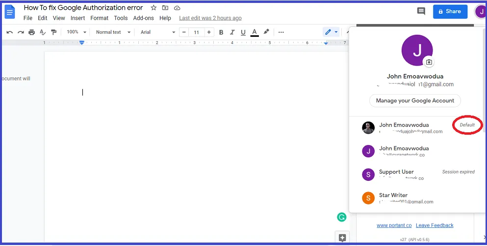 A screenshot of the default Google account in Google Docs