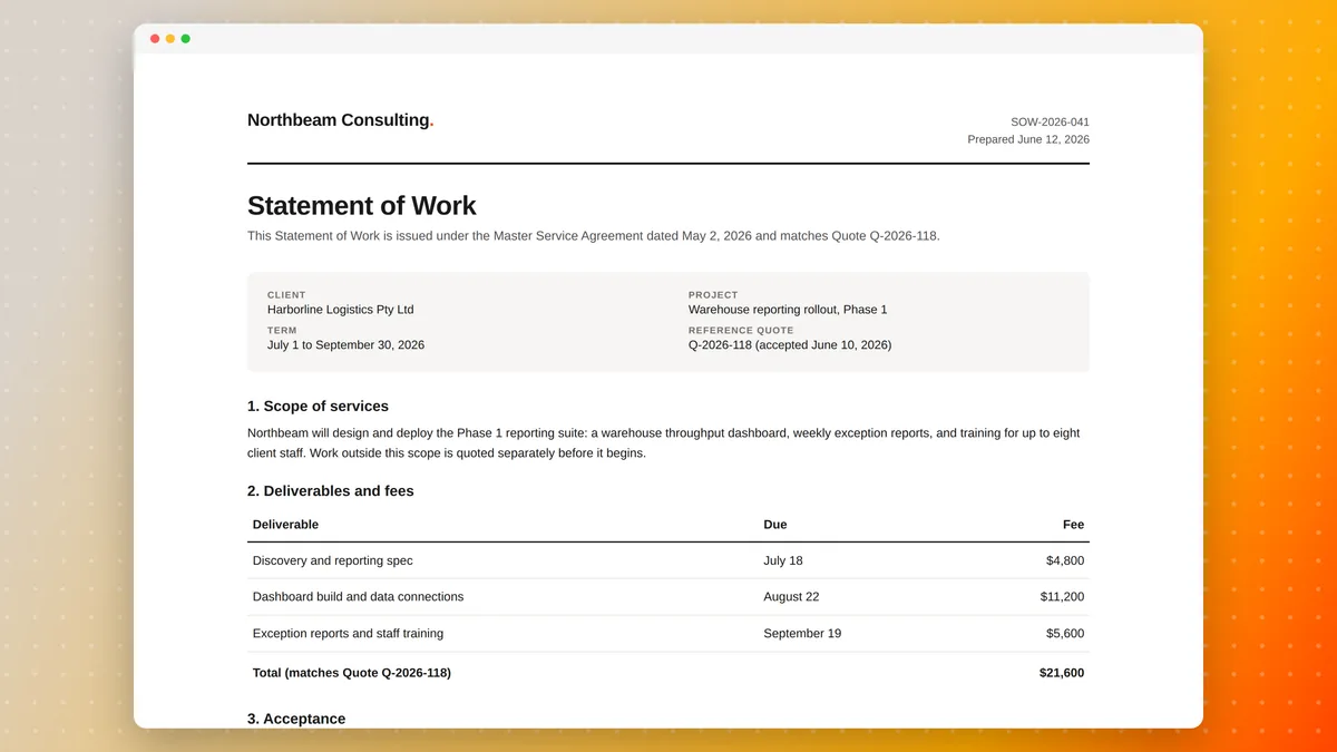 A statement of work in a document preview window, issued under a master service agreement with its deliverables and fees matching the accepted quote
