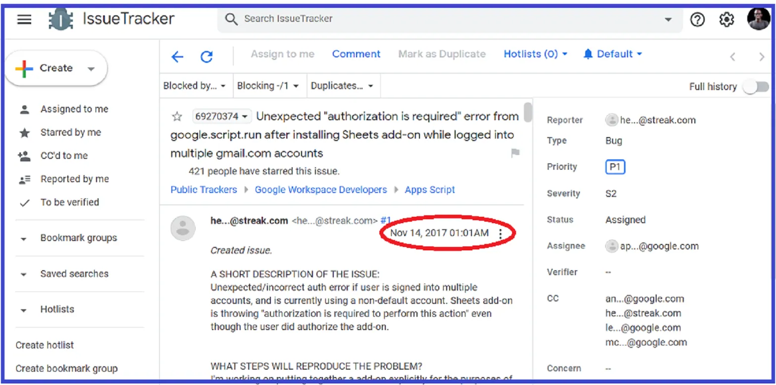 A screenshot of Google IssueTracker