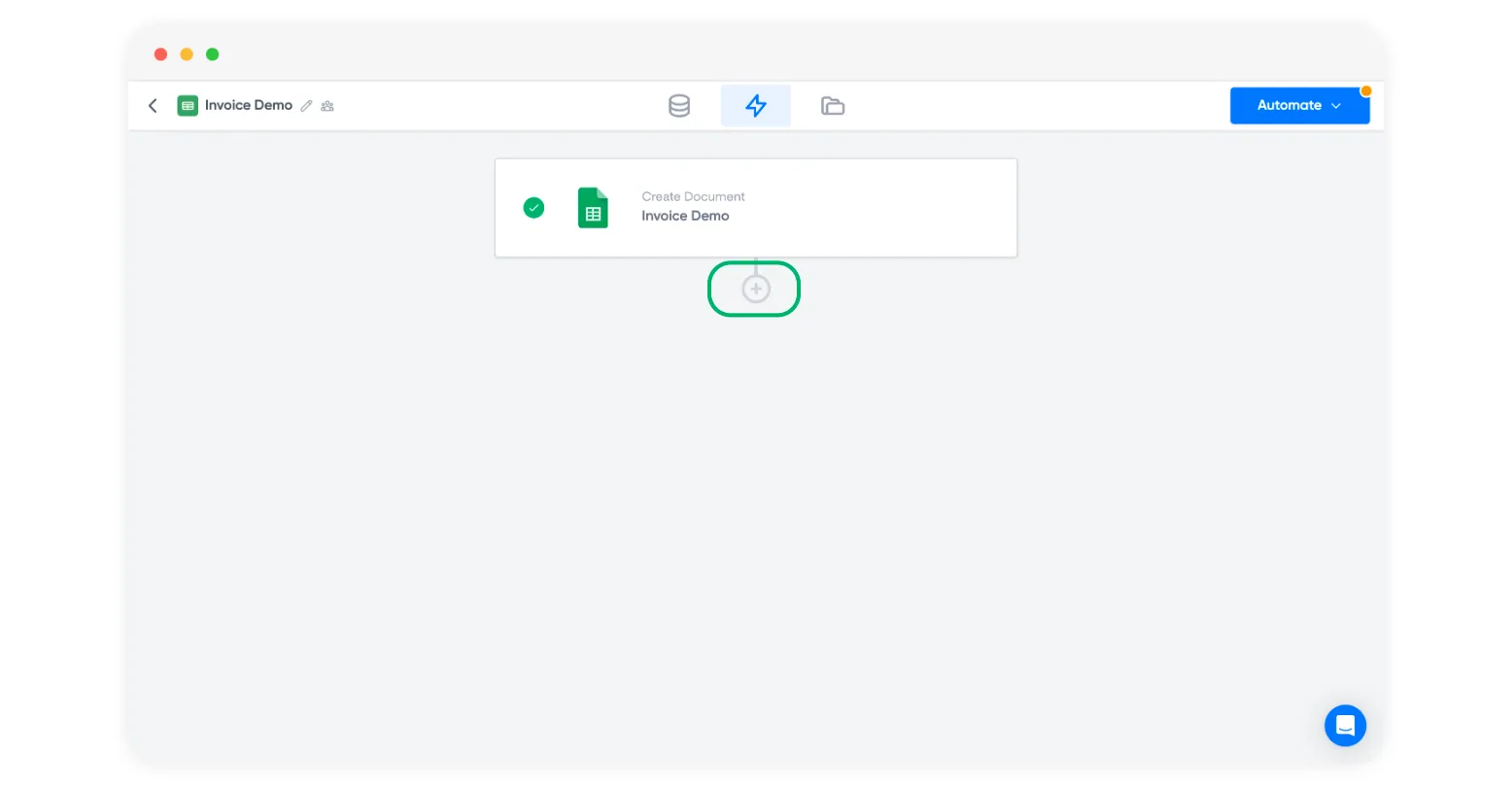 Screenshot of Portant workflow with a completed Create Document step for Invoice Demo and an add-step button