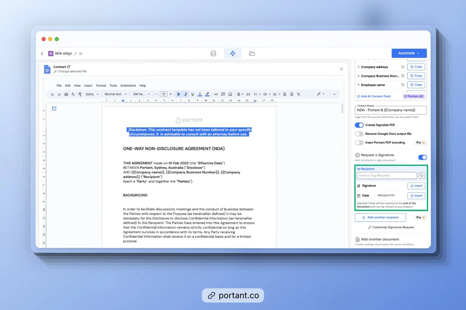 Portant platform interface showing the functionality to send freelance contracts, like NDAs, directly to clients for review and signature.
