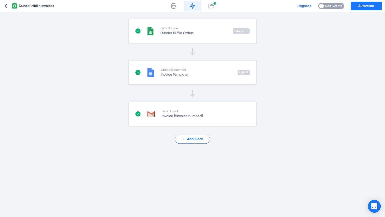 Automated invoice workflow using Portant, Data from Google Sheets generates an invoice template and sends an email with the invoice attached.