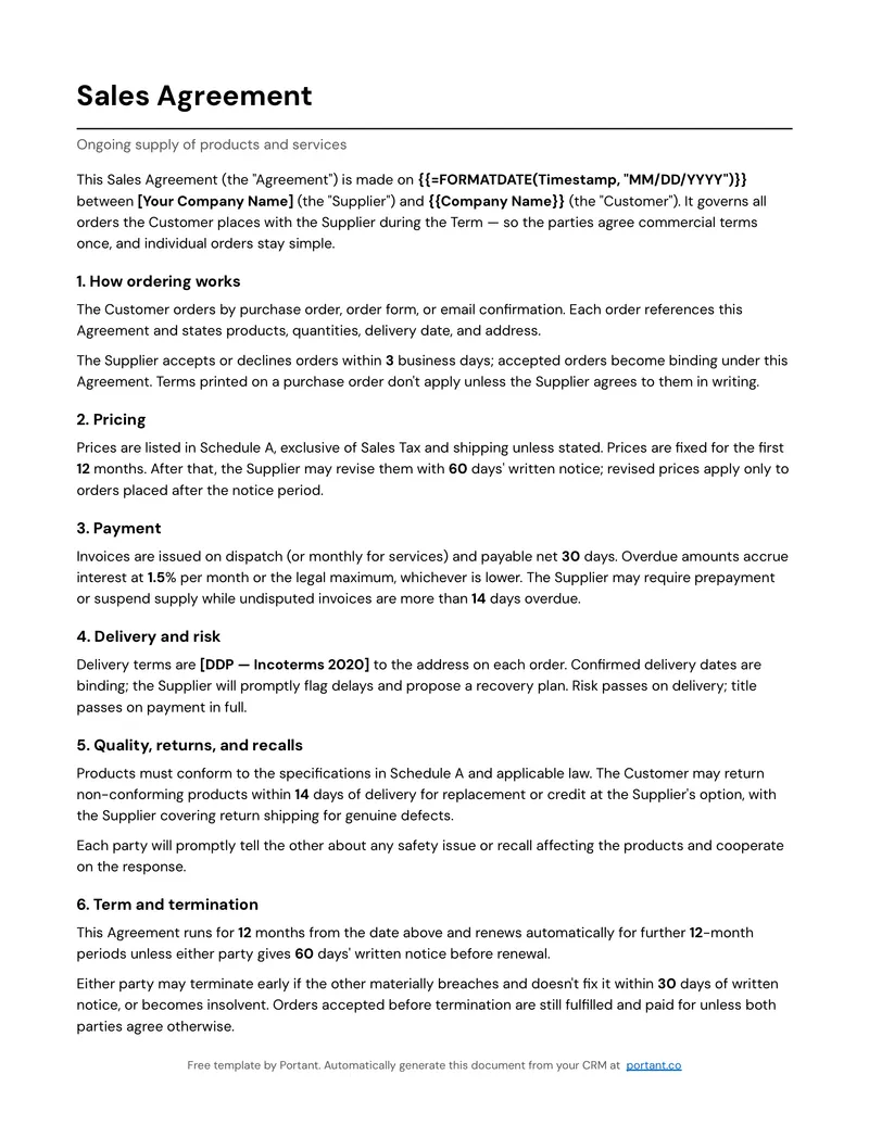 Sales Agreement (US) template thumbnail
